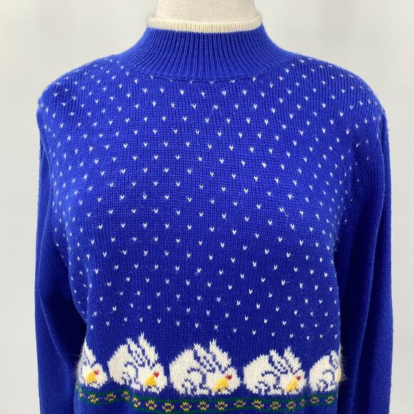 Vintage 80s Lord & Taylor Bunny Dot Pattern SweaterTurtleneck Blue Womens Medium - Picture 3 of 9